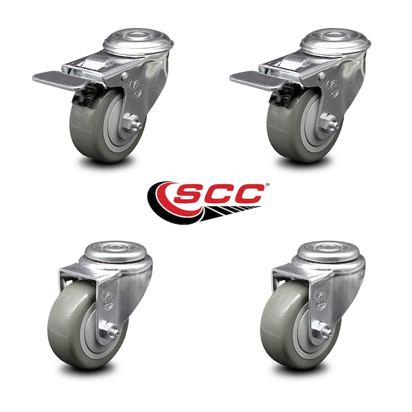 3 Inch Gray Polyurethane Swivel Bolt Hole Caster Set with 2 Total Lock Brake